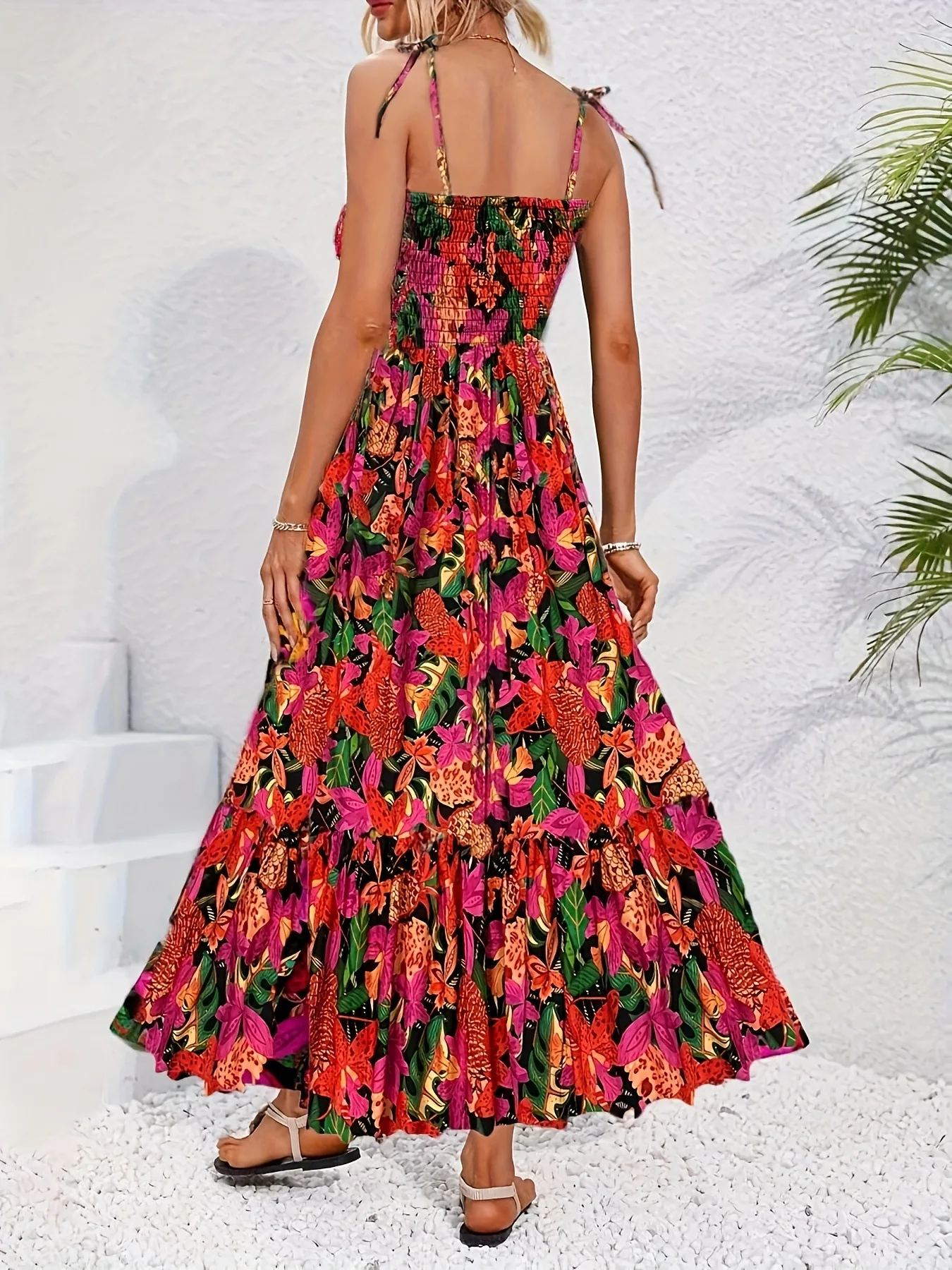Sommer bedrucktes, florales, langes Hosenträgerkleid, 2025, Sommer, rückenfrei, Urlaubsstil, lässiges Modekleid für Frauen