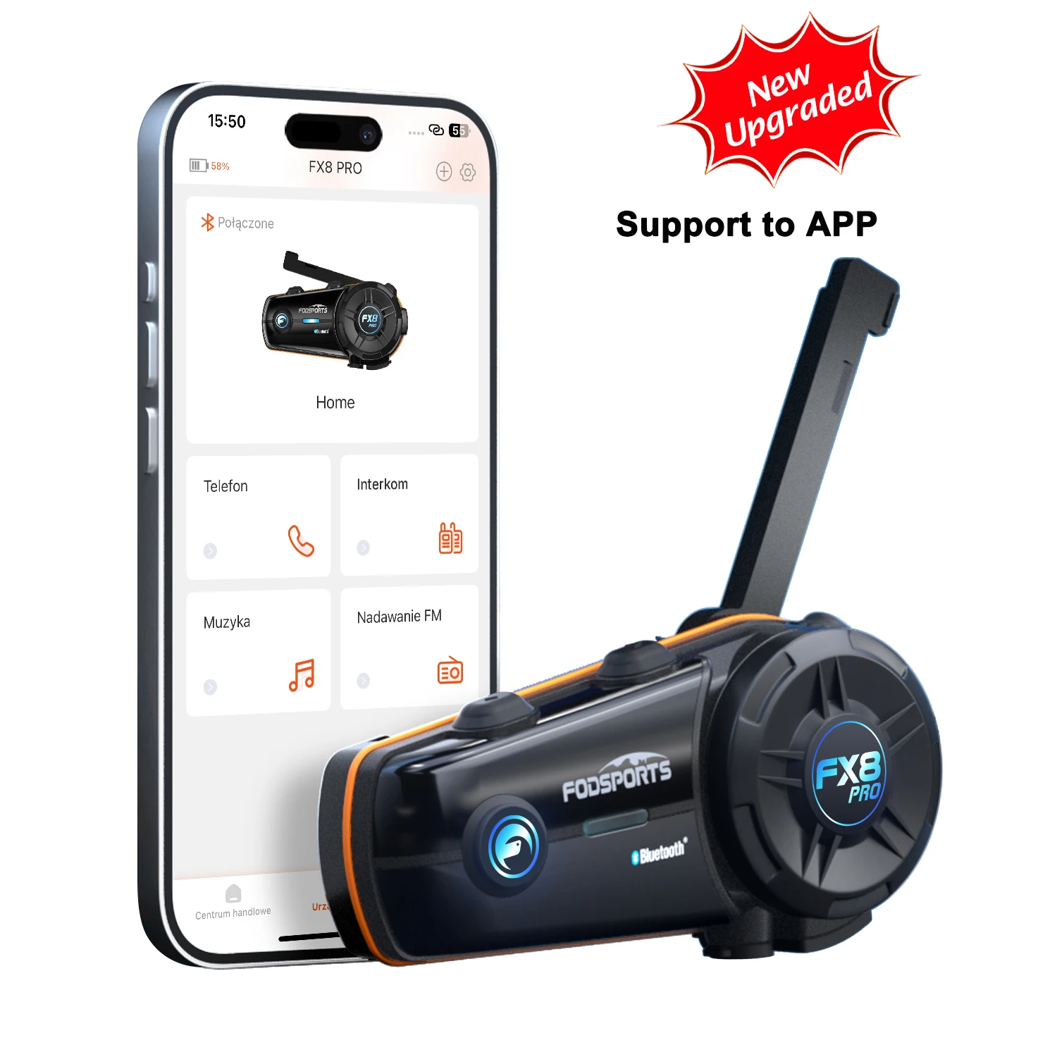 Fodsports FX8 Pro Motorcycle Intercom Dual Bluetooth Helmet Headset for 8 Riders 1000M Interphone Music Share Audio Mixing FM