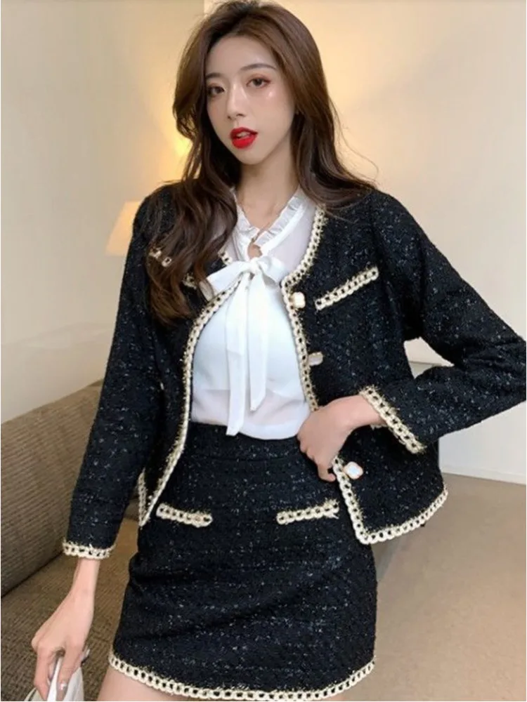 Autumn Winter Elegant Black Tweed 2 Piece Set Women Long Sleeve Woolen Jacket Short Coat Mini Skirts Suits Fashion Two Piece Set