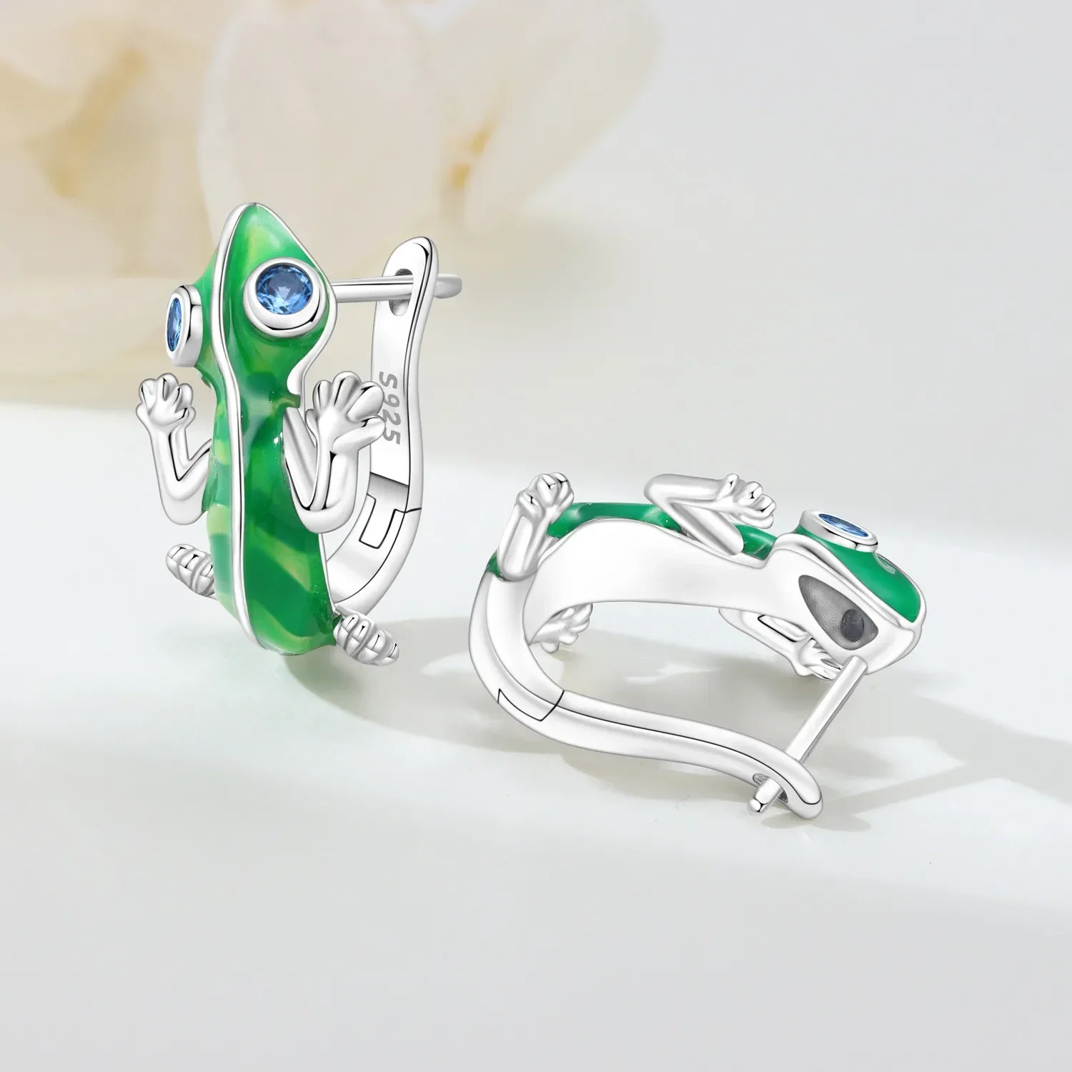 القرط الأصلي S925 الفضة الأخضر الحيوان القرط الحرباء الأزرق عيون الزركون أقراط الذكرى غرامة هدية الإكسسوار #2