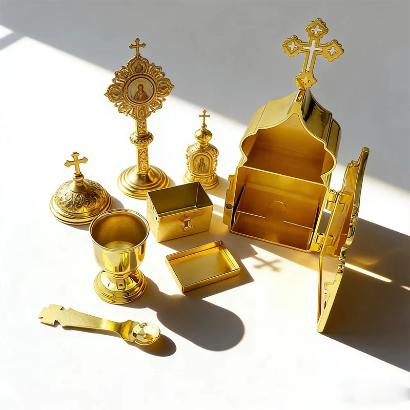 Gold-Plated Orthodox Travel Holy Communion Set with Tabernacle Chalice and Paten Premium Liturgical Vessel for Church and Missio
