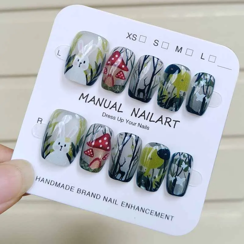 10개 한국 스타일 네일 패치 귀여운 버섯 집 모양 가짜 손톱 소녀들을 위한 달콤하고 멋진 토끼 프레스온 네일 탈부착 가능한 네일 팁
