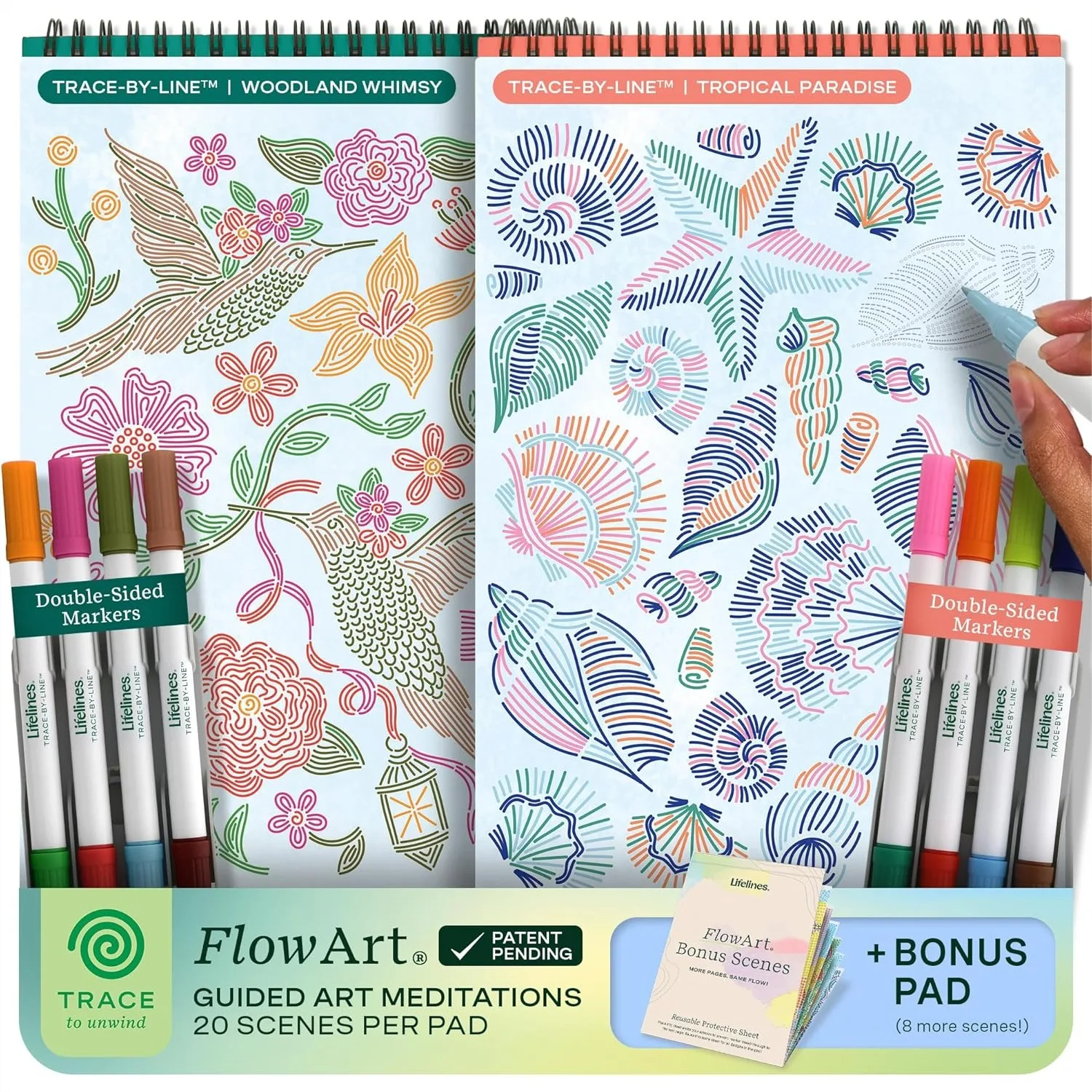 

FlowArt Activity Pads 2-Pack with Markers - Guided Tracing Coloring Books for Tweens Adults Seniors
