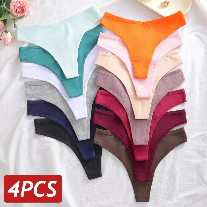 4Pcs/Set Seamless Cotton Low Waist Thongs Panties For Women Solid Color Soft Breathable G-strings Underwear Female Sexy Lingerie