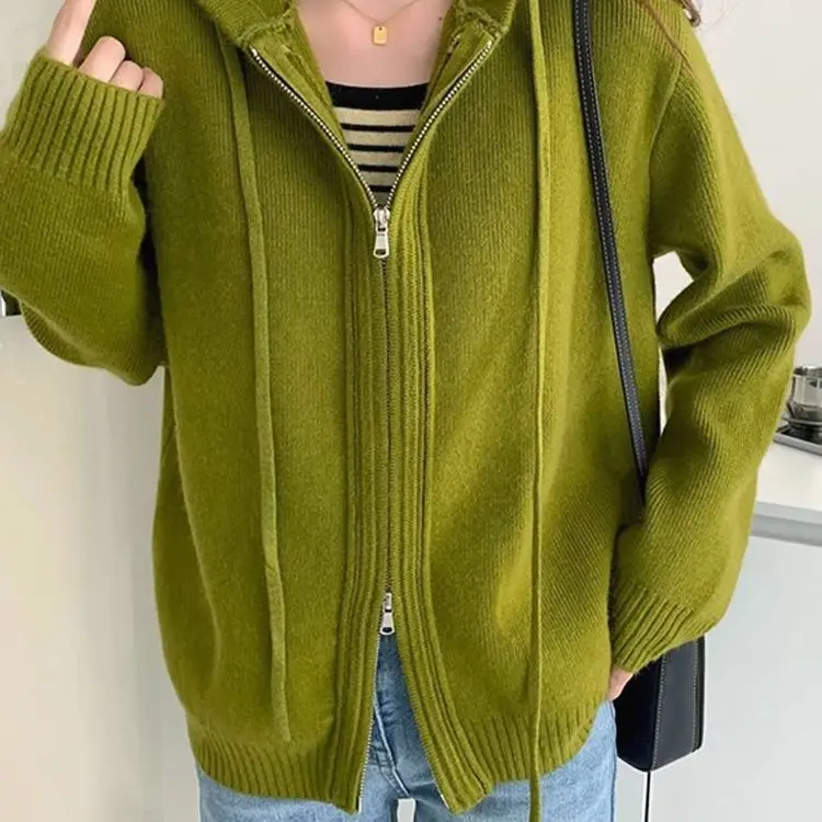 

2025 Early Autumn Female New American Vintage Solid Color Sweater Coat Women's Lazy Relaxed Thick Hooded Cardigan Knitted Top