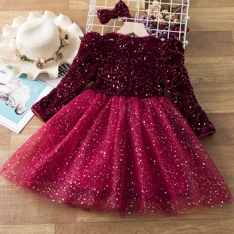 Girls Red Sequined Shining Princess Dress Autumn Winter Full Sleeve Christmas Costume 3-8 Year Kids Birthday Party Tulle Dress