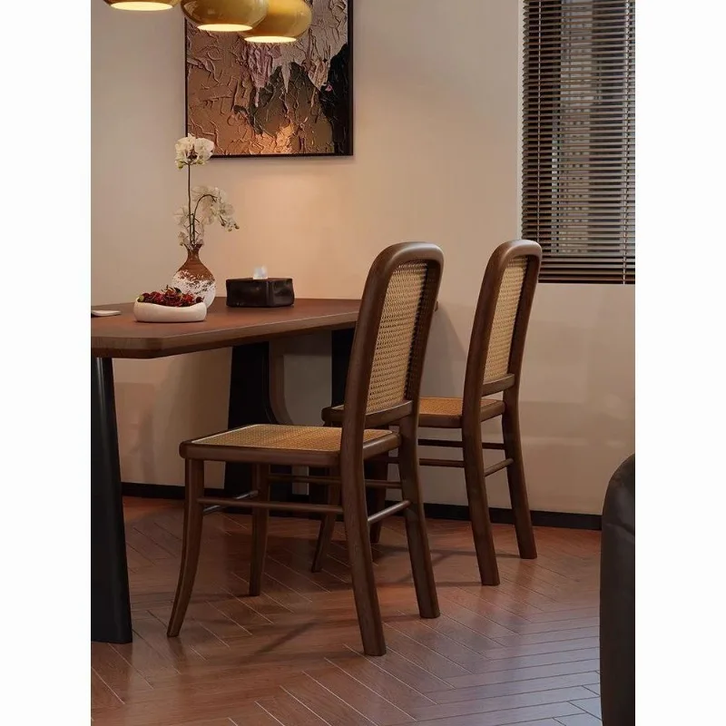 Rattan Dining Chair for Home Restaurant Vintage Leisure Backrest Chair for Living Room Balcony Wabi Sabi Style Solid Wood