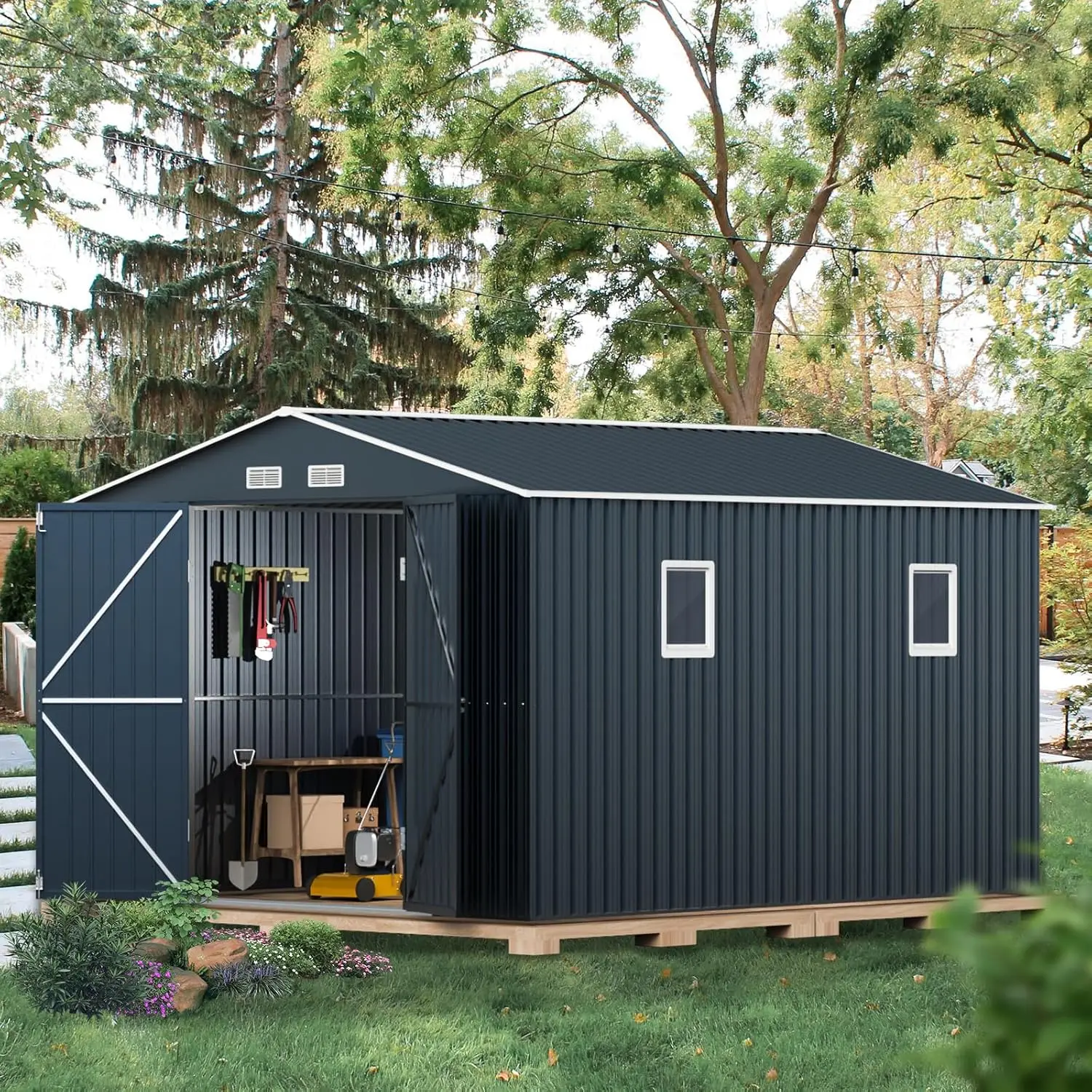 

10X12X7.5 FT Outdoor Steel Storage Shed with Lockable Doors, 2 Windows, Transparent Roof Panels (Wood Panels & Frame Floor Not