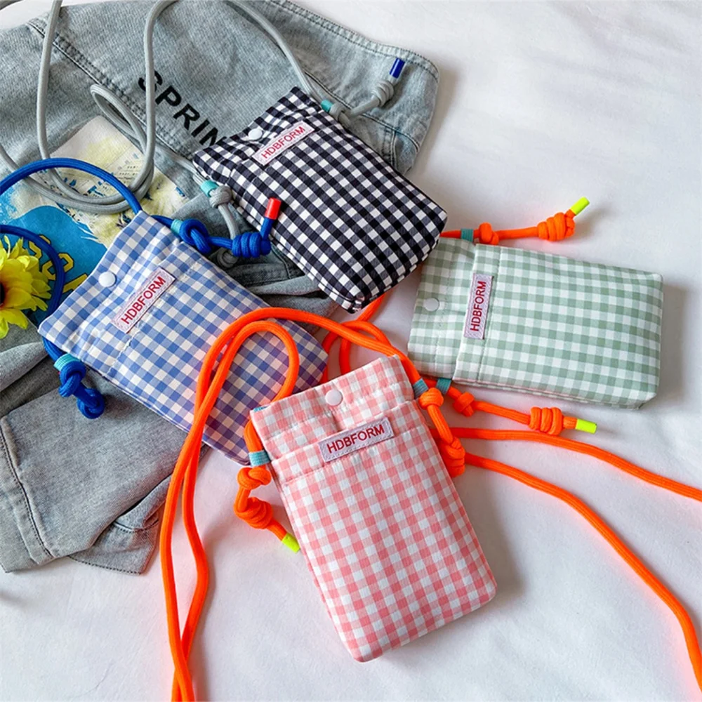 

Fashion Square Grid Canvas Shoulder Bag Portable Crossbody Mobile Phone Bags Multifunctional Women Girls Lipstick Storage Bags