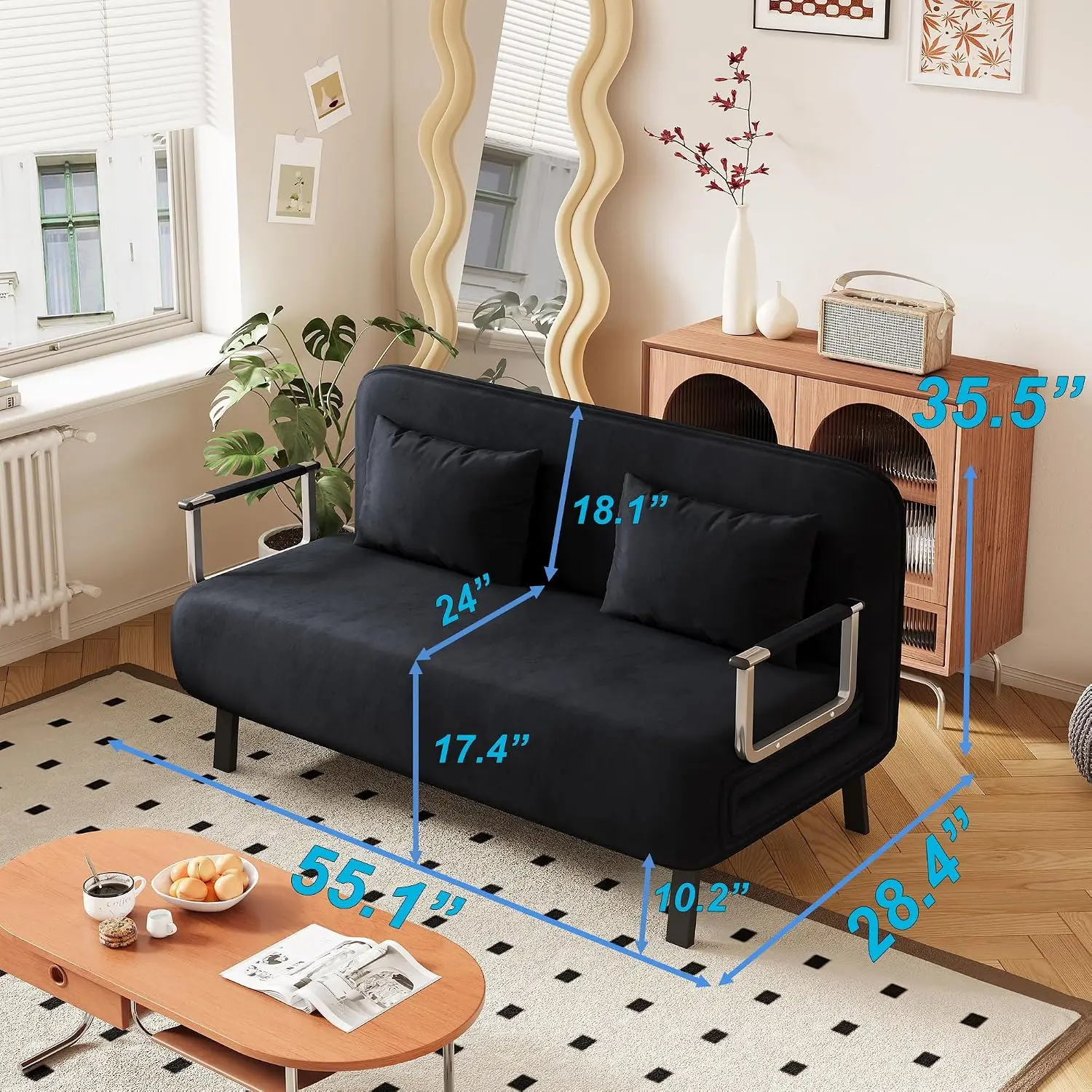 55″ Tri-Folding Queen Sleeper Sofa, Velvet Loveseat with Adjustable Backrest – Convertible Sofa Bed for Adults,, Customized