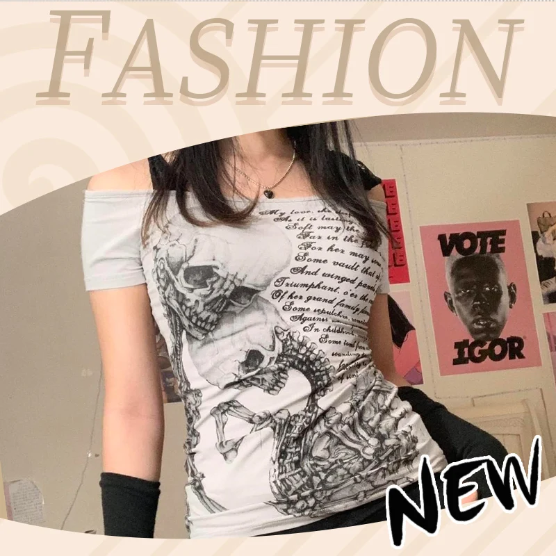 Women clothing arcane Retro stitch Skull Print Short-sleeved T-shirt Female Subculture Y2k Slim Lace-up Top Gothic Shoulder Tees