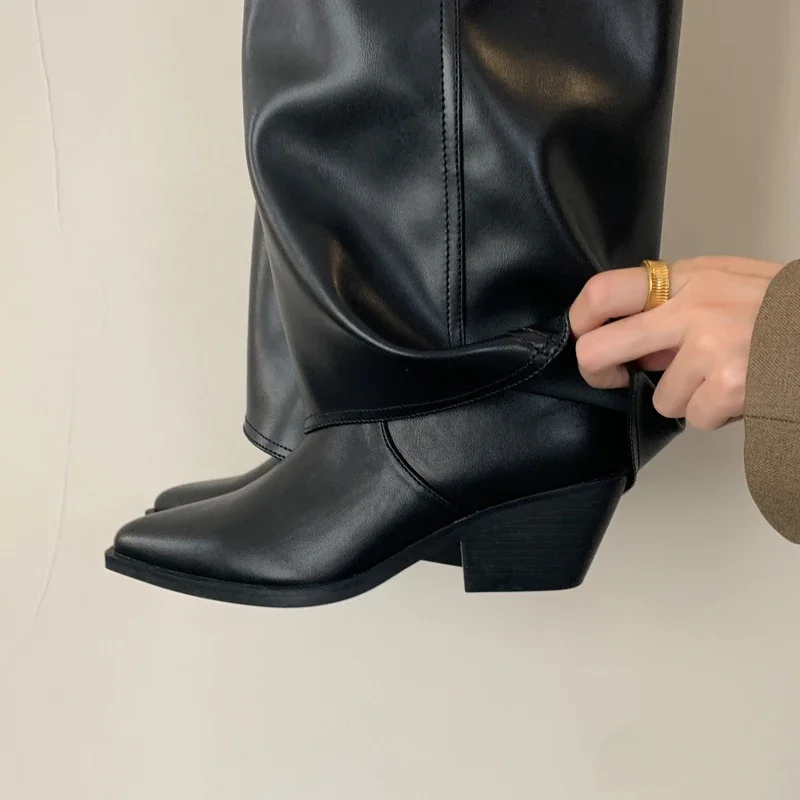 Eilyken Lente Herfst Puntige Neus Kniehoge Laarzen Vrouwen Designer Vintage Vierkante Lage Hakken Schoenen Moderne Lange Botas Para Mujer
