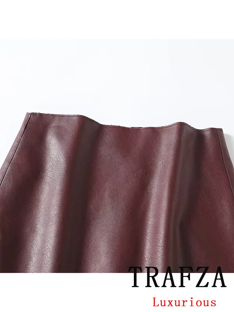 TRAFZA Vintage Casual Chic Leather Women Skirt Claret Solid Zipper Long Straight Skirt New Fashion 2024 Autumn Winter Skirt