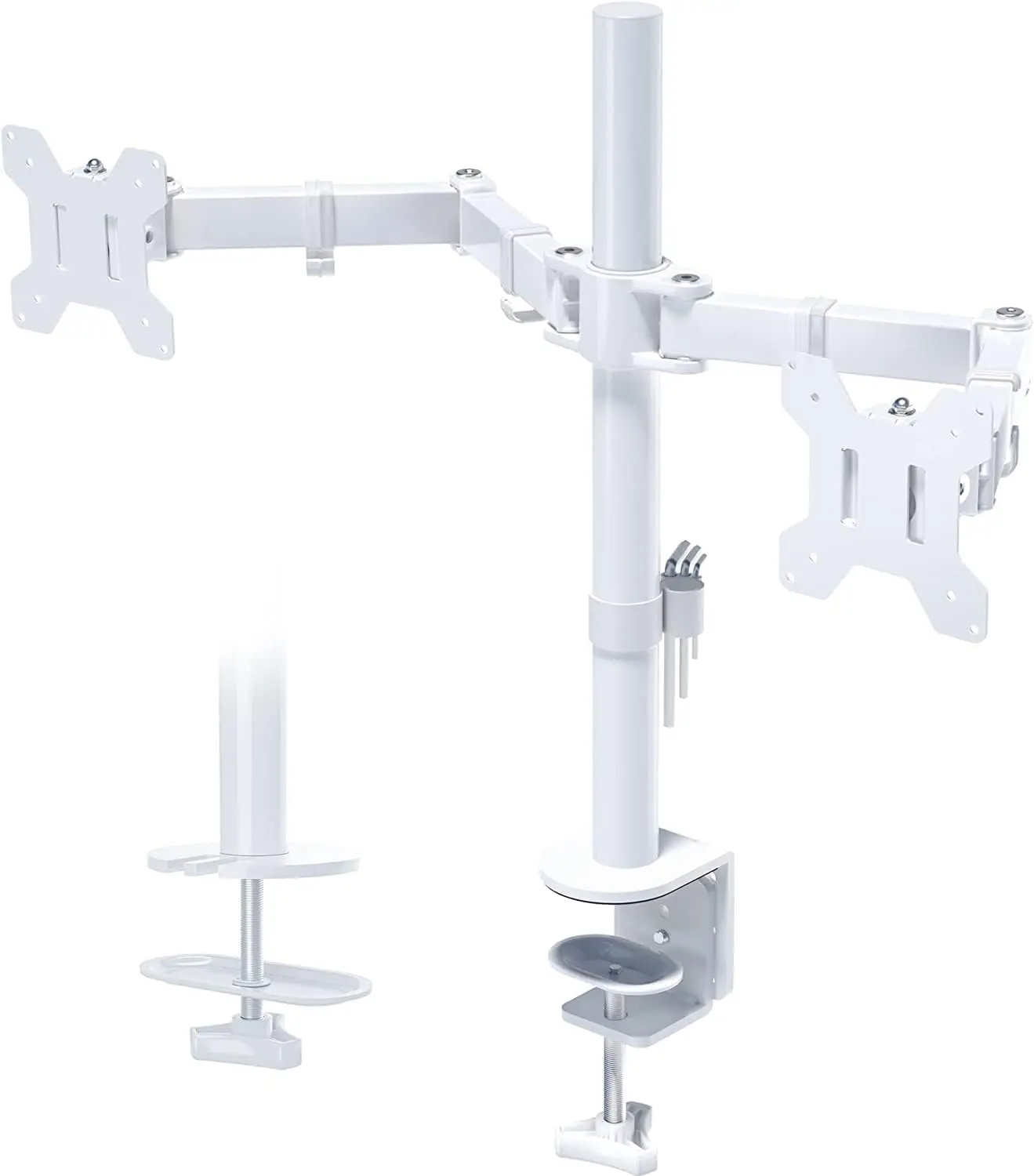 Dual Monitor Desk Mount, Full Motion Adjustable White Stand for 13-27 Inch Screens, Heavy Duty Arms Hold 22 lbs Each, VESA