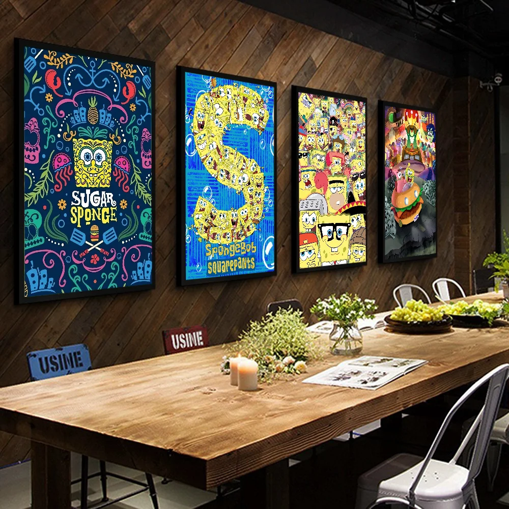 S-SpongeBobs SquarePants ملصقات كلاسيكية عتيقة ، لوحة زخرفية ، ورق كرافت أبيض ، فن حائط ، ديكور غرفة كاواي #4