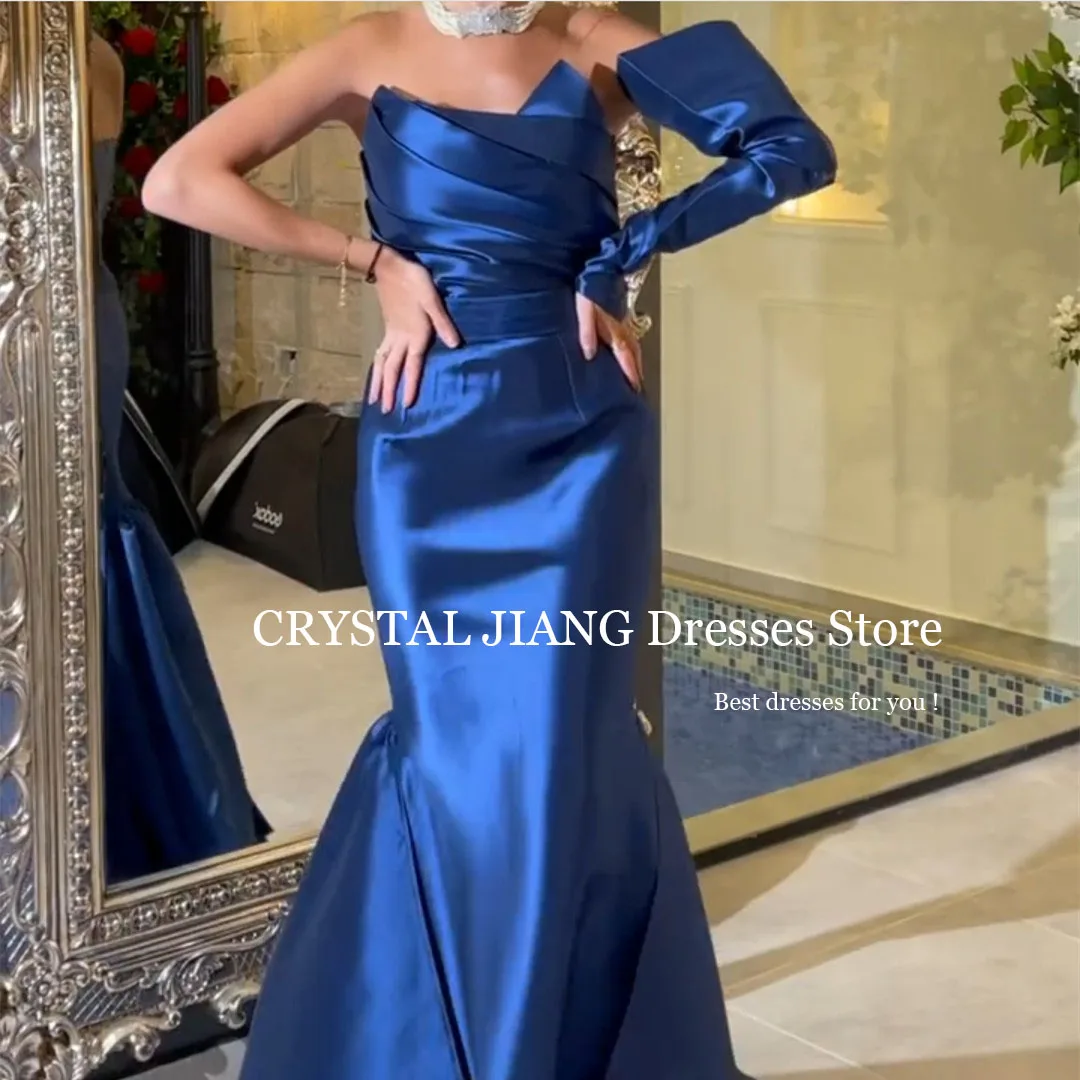 

Long Blue Evening Dresses One Shoulder Boat Neck Taffeta Full Sleeveless Mermaid Sweep Train فساتين للحفلات الراقصة