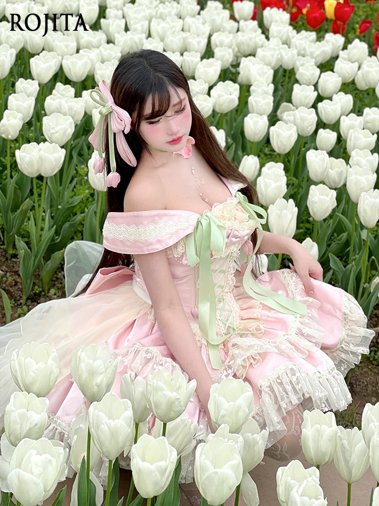 

Spring Flower Series Romantic Atmosphere Light Green Pink Off-the-Shoulder Dress Women Fresh and Sweet Fairy Dress Mini Dresses