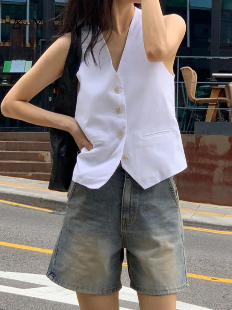 

Beiyingni Korean Cotton and Linen Women Vest Vintage Simple Buttons Sleeveless Tank Tops Female Elegant All-match V-neck Blazer