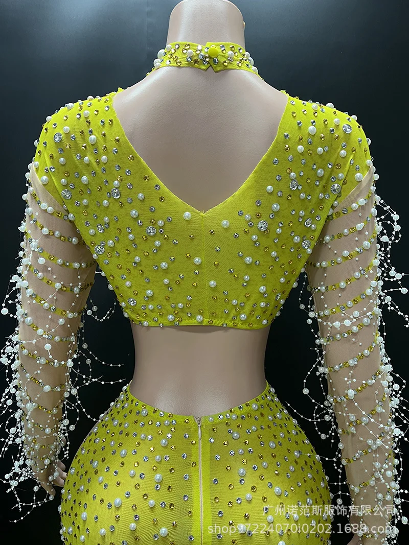 فاخر لؤلؤة الماس سبليت قطعتين ريشة مزاجه فستان شركة الاجتماع السنوي المرأة الراقية فستان Vestido Para igreja