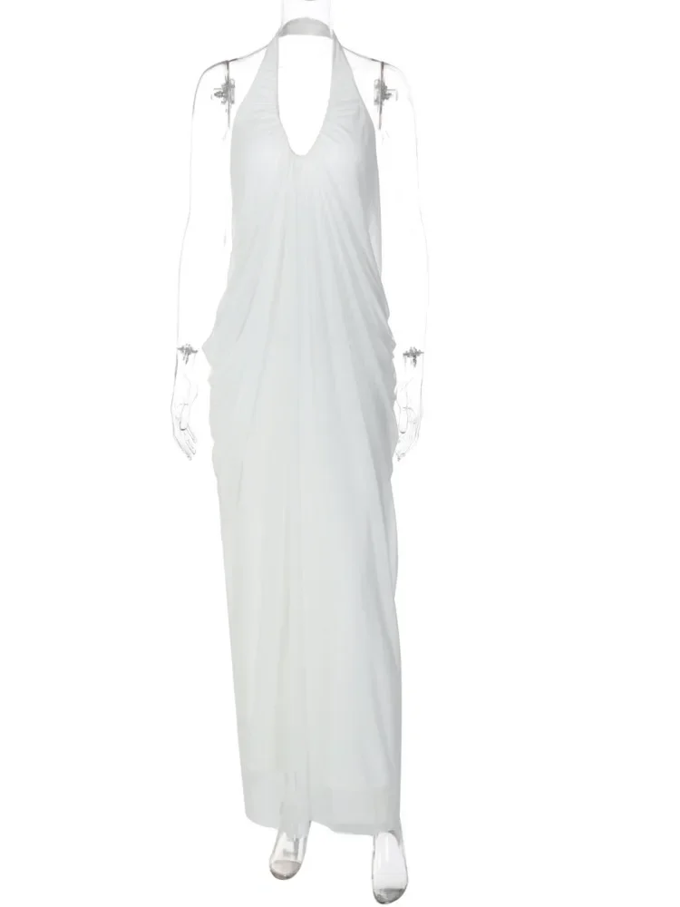 EOENKKY Sexy Backless Sleeveless V-neck Ruched Long Dress Elegant Backless Halter Mesh Dress Bodycon Party Club Evening Dress