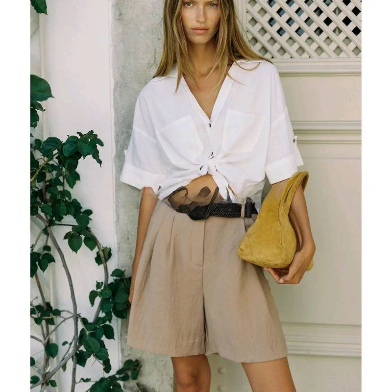 Spring New Women's Simple Patch ket Mixed V-ne ort Sve ort irt Top Faion Commute Sle Loose Fit UV Protection