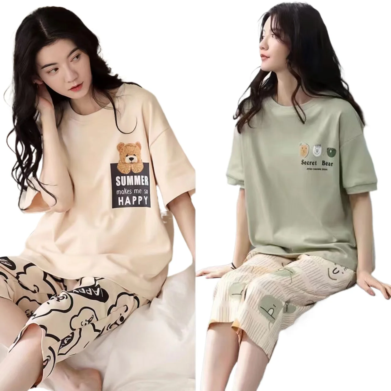 Women's Summer Two-Piece Pajama Set Short Sleeve Shorts Home Wear Thin Summer Style Can Be Worn Outdoors Casual Home Outfit