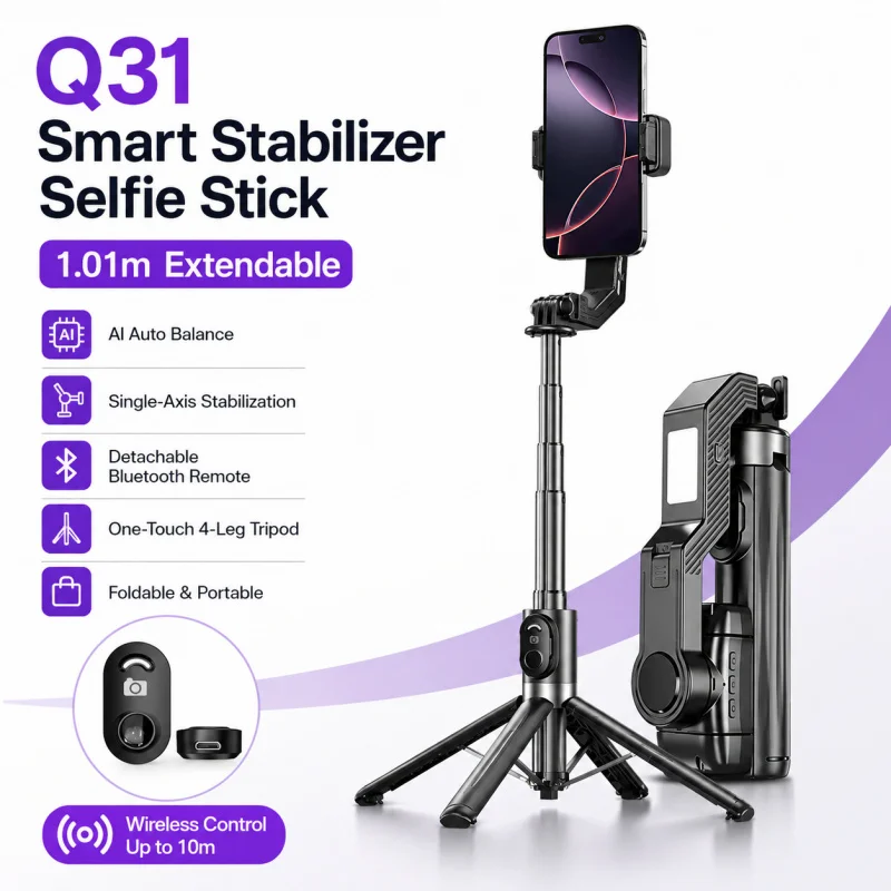 Single-Axis Phone Gimbal Stabilizer, Anti-Shake Extendable Bluetooth Selfie Stick Tripod for Vlog Live Streaming Travel
