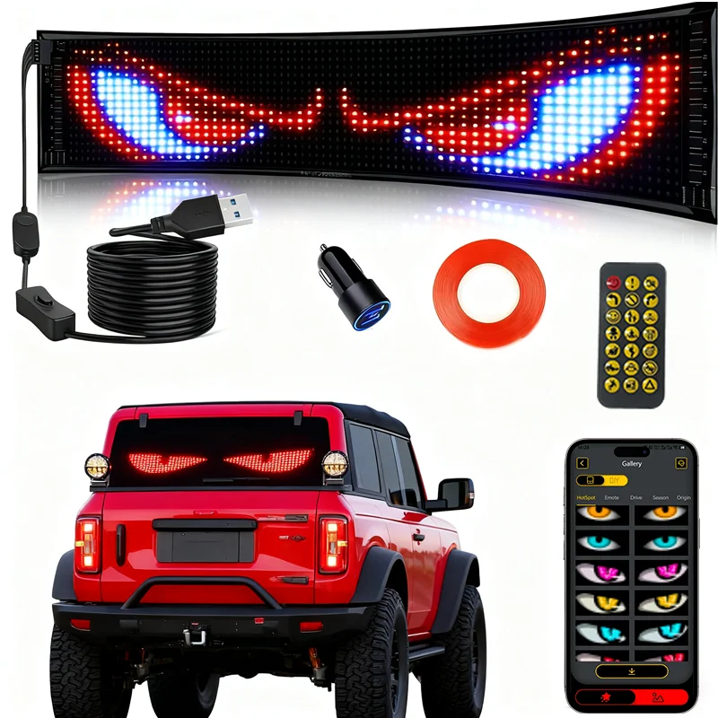 Luz LED de ojos del diablo para coche, pantalla Flexible, texto personalizado, señales animadas programables, Panel de matriz para parabrisas de coche, camión, SUV, 2 uds.
