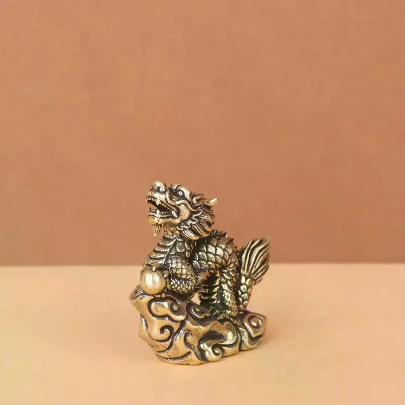 Antique Brass Dragon Statue Ornament, Zodiac Animal Feng Shui Figurine for Office and Home Decoration