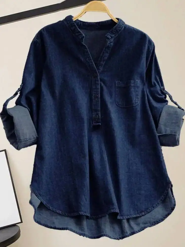 

Женская джинсовая блузка с V-образным вырезом и воротником-стойкой, приталенного кроя, из тонкой ткани, для весеннего сезона