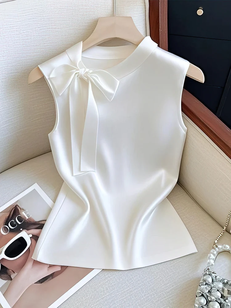 Elegantes, schulterfreies, ärmelloses Top aus Seidensatin mit Schleife für Damen, Basic-Tanktop mit hoher Taille, für Damen, Büro, lässig, kurzes T-Shirt