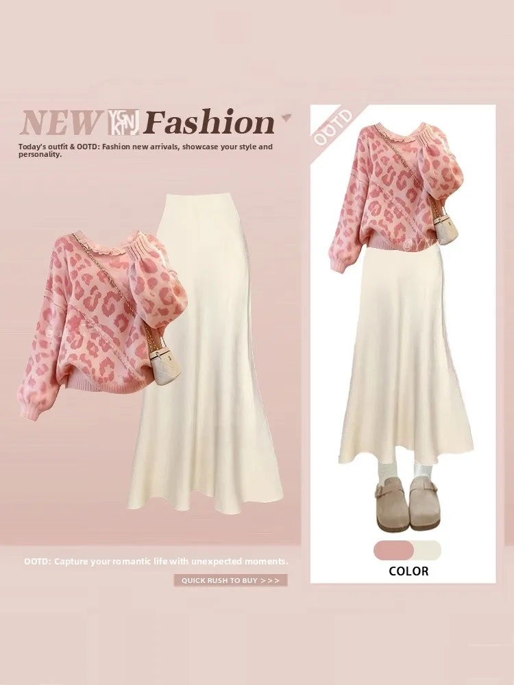 

Pink Leopard Print Knitted Sweater And Skirt Set Women's Winter Slimming Drapey f-length Skirt Two-piece Set Faionable A...