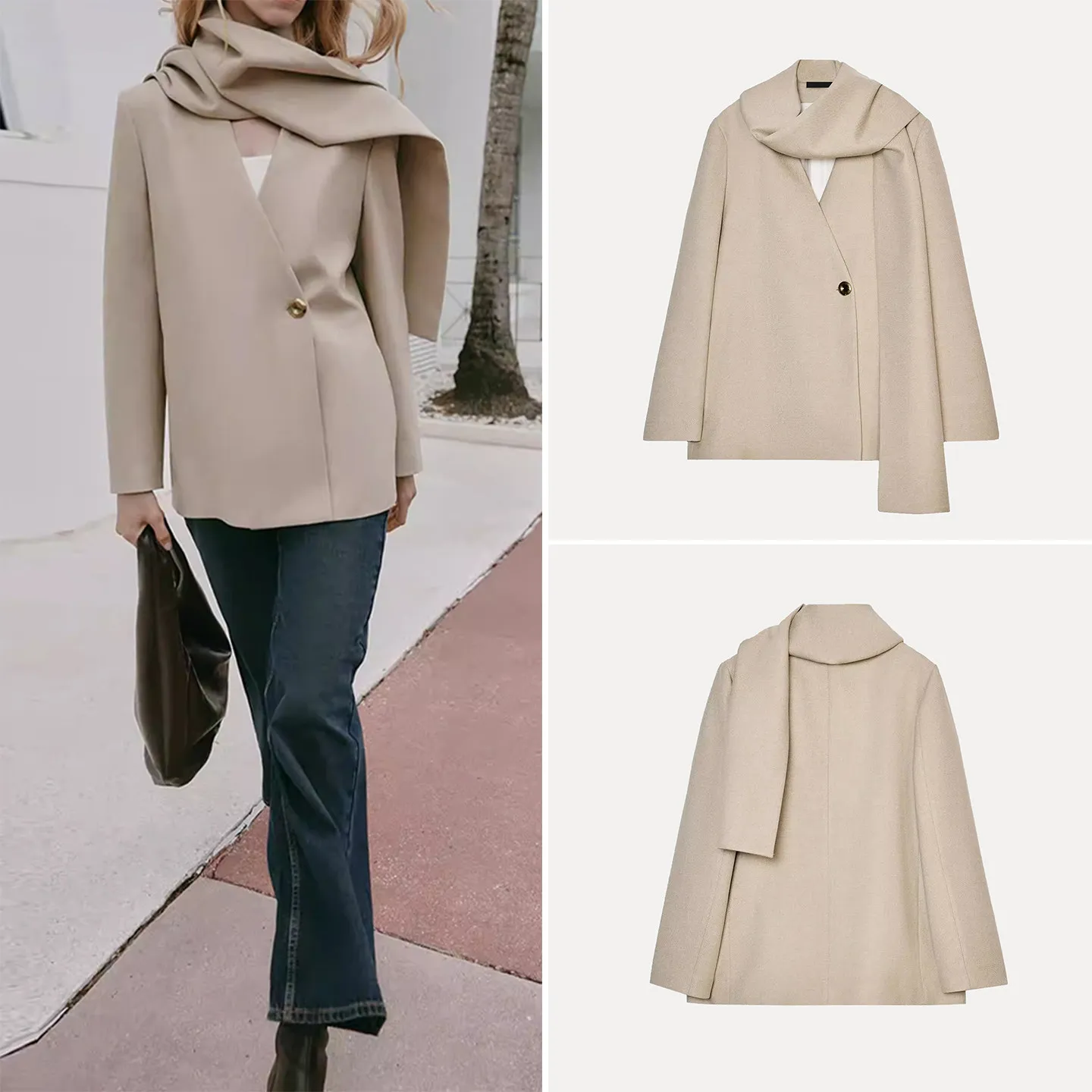 

Модный женский пиджак с длинным рукавом и воротником-шарфом, весна 2026, люксовый, легкий, приталенный, на одной пуговице