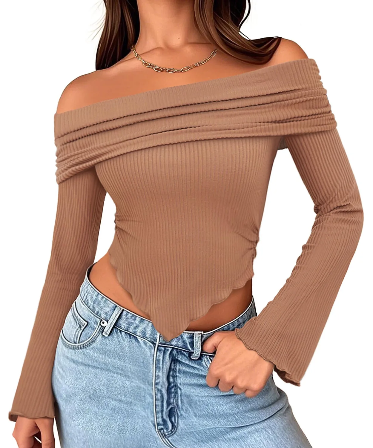 

Весенне-осенне-зимние сексуальные женские топы с открытыми плечами, однотонные модные повседневные футболки с длинными рукавами