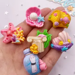 6pcs Colorful Resin Pearl Shell Starfish Seaweed Wish Bottle Treasure Chest 3D Figurines Flat back Scrapbook DIY Jewellery Decor