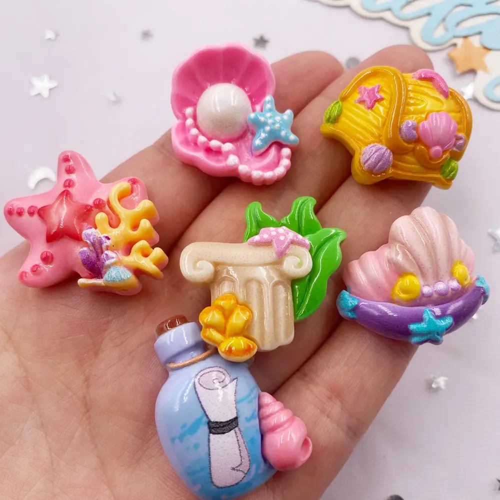 6pcs Colorful Resin Pearl Shell Starfish Seaweed Wish Bottle Treasure Chest 3D Figurines Flat back Scrapbook DIY Jewellery Decor