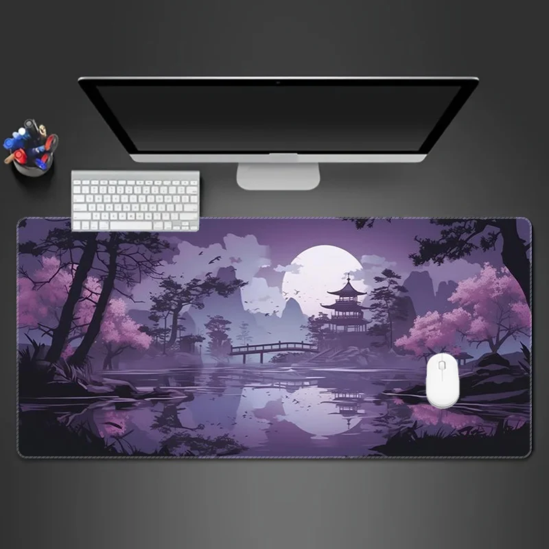 Japanese Purple Moon Gaming Mouse Pad, Large Non-Slip Desk Mat with Cherry Blossom & Temple Print for Gamers