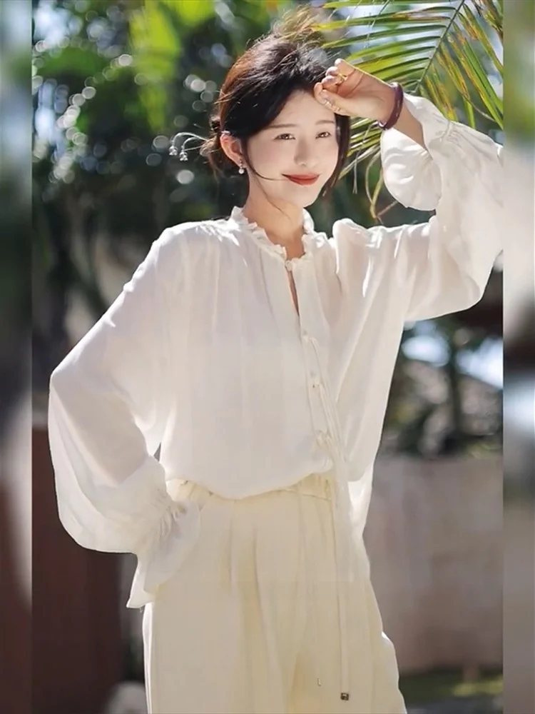 

Шелковая женская рубашка для ранней весны, базовый слой, с воротником-грибком, длинный рукав, свободный крой, повседневный стиль, корейская версия