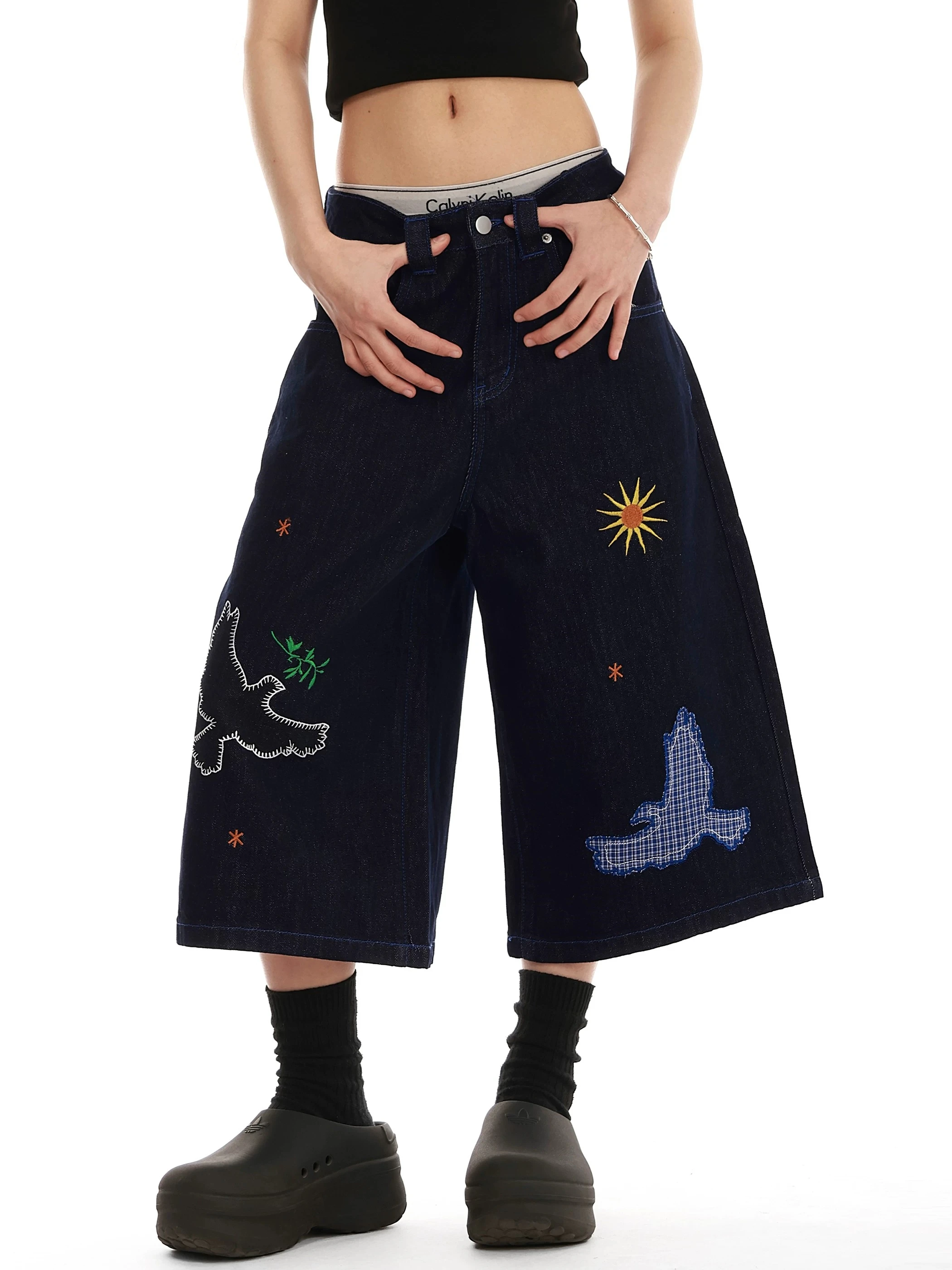 

Summer Embroidered Design Denim Shorts Men's Women's American Retro Cotton Jeans Seven-Foot Pants Trendy Machine Embroidery