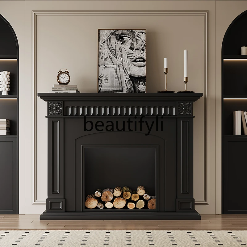 French Electronic Simulation Flame Fireplace Cabinet Decorative Cabinet Shelf Solid Wood Black American Living Room