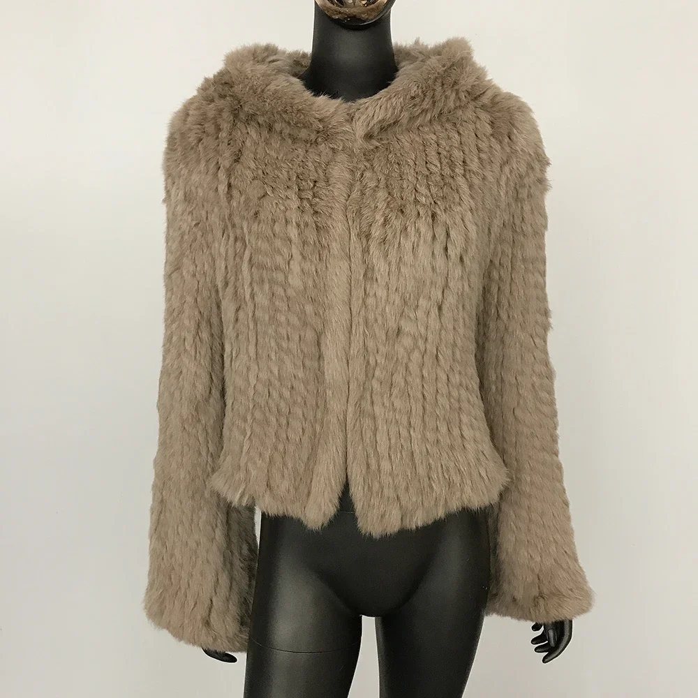 เสื้อโค้ทขนกระต่ายสั้นสำหรับผู้หญิง ฤดูใบไม้ร่วงและฤดูหนาว ปี 2025 แบบมีฮู้ดสองด้าน ขนแท้ หนา ถักมือ