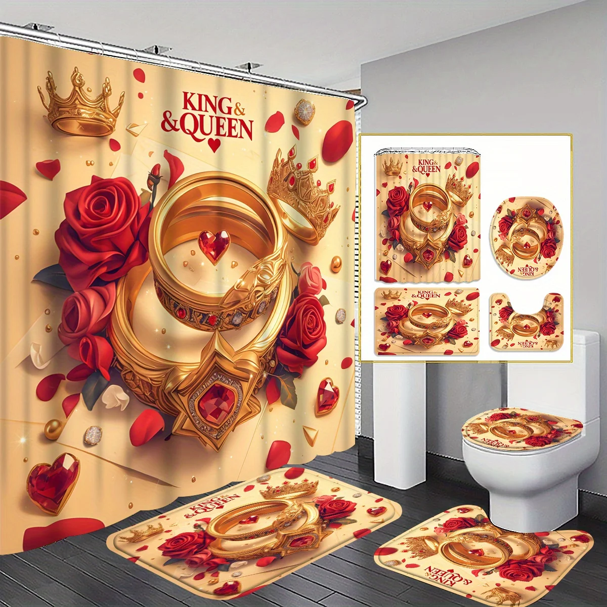 

4 шт., романтическая красная роза, любовь, бриллиант, пара, кольцо, узор, набор занавесок для душа, занавеска для ванной комнаты, декор для ванной комнаты, напольный коврик