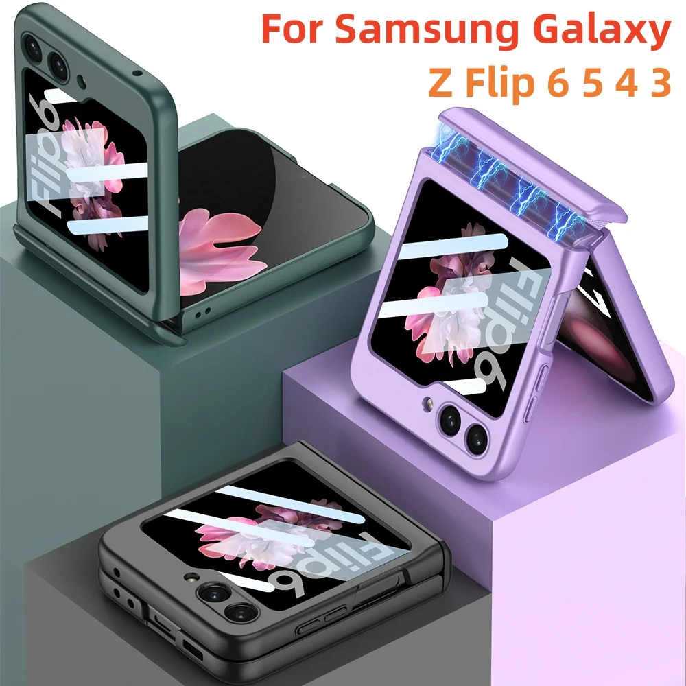 Magnetic Hinge Protection Hard PC Phone Cover for Samsung Galaxy Z Flip 6 5 4 3 5G Case Shockproof with Small Screen Protector