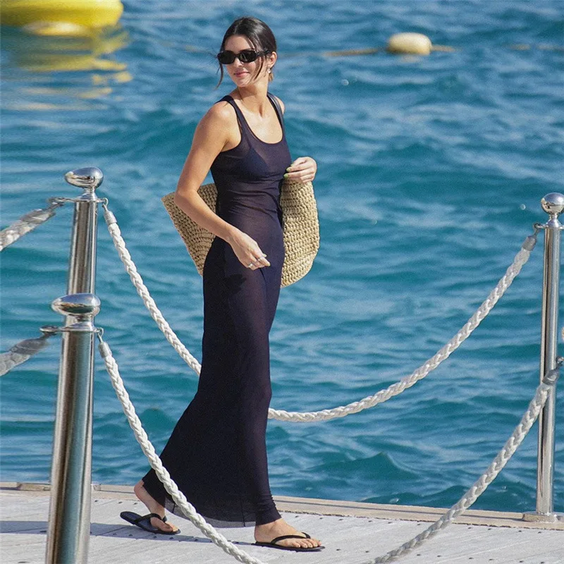 

Сексуальное вечернее платье из сетки в уличном стиле, свободного кроя, с завышенной талией, из полиэстера, вязаное, без рукавов, для праздников, женская мода, осень 2025