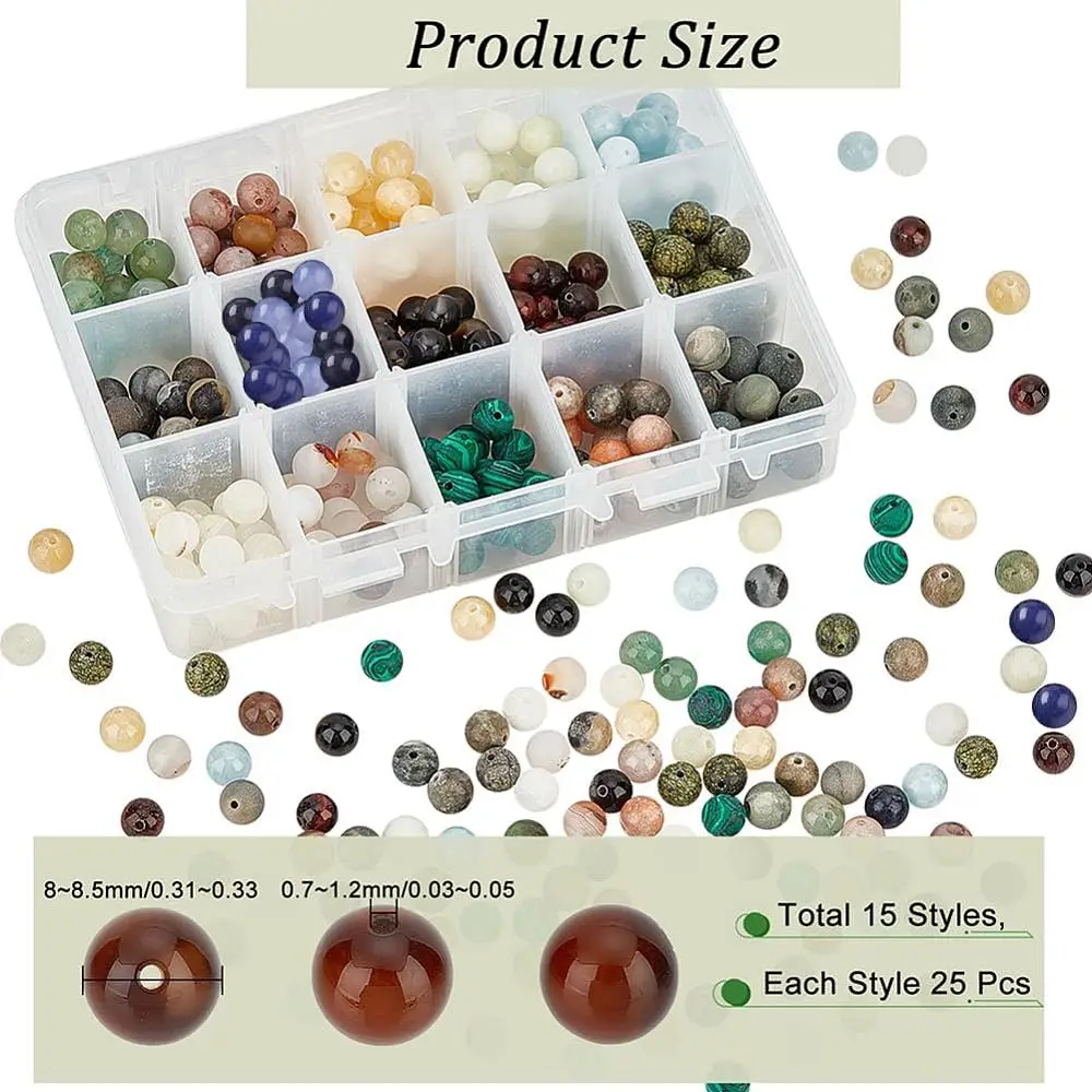 375 Pcs 15 Styles Beads 8mm Mixed Stone Spacer Beads Round Loose Beads Engry Crystals Beading for DIY Bracelet Necklaces Jewelry