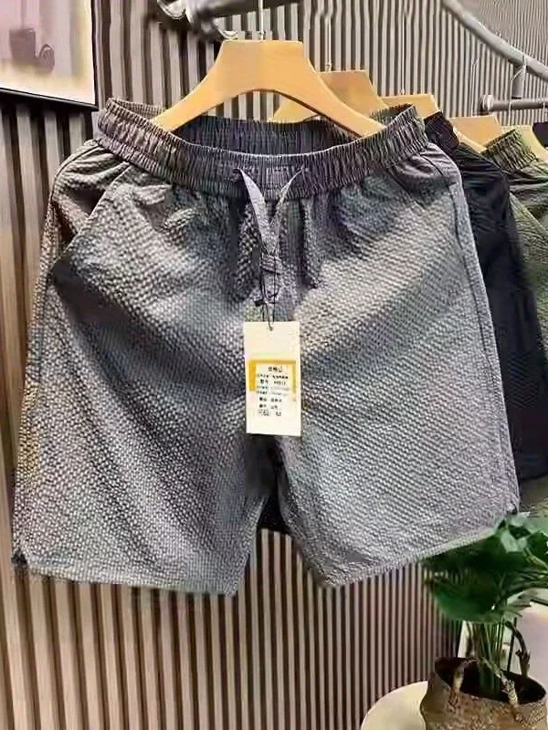 High-End Men's Quick-Dry Breathable Elastic Waist Ice Silk Beach Casual Five-Quarter Shorts Textured Bubble Cloth Straight Le...