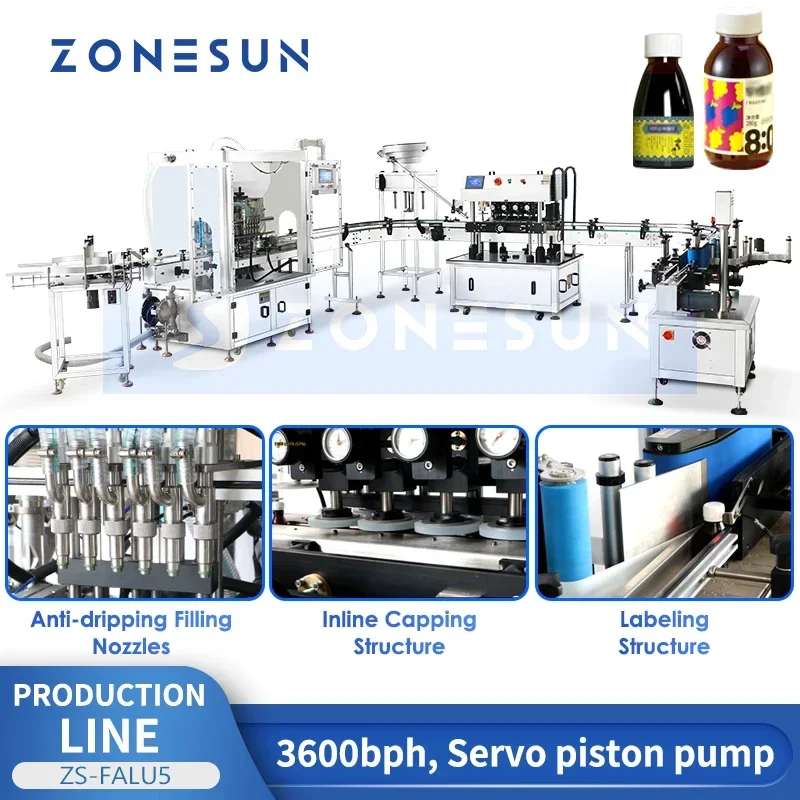 Zonesun Automatic Syrup Bottling Line Piston Filler Round Bottle Label Applicator High Speed Capping Machine ZS-FALU5