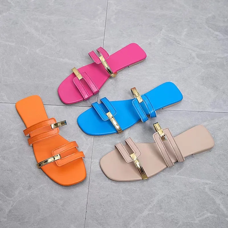 Summer New Ladies Plus Size Women\'s Sandals Shoes And Bag Set Candy Color Flat Fashion Casual Beach Slippers Matching Purse