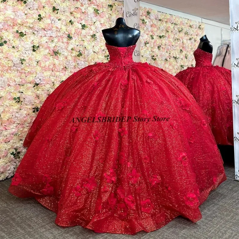 Angelsbridep Red Sweetheart Luxury Beaded Crystal Quinceanera Dresses 3D Flowers Ball Gown Birthday Vestido De 15 Anos Plus Size