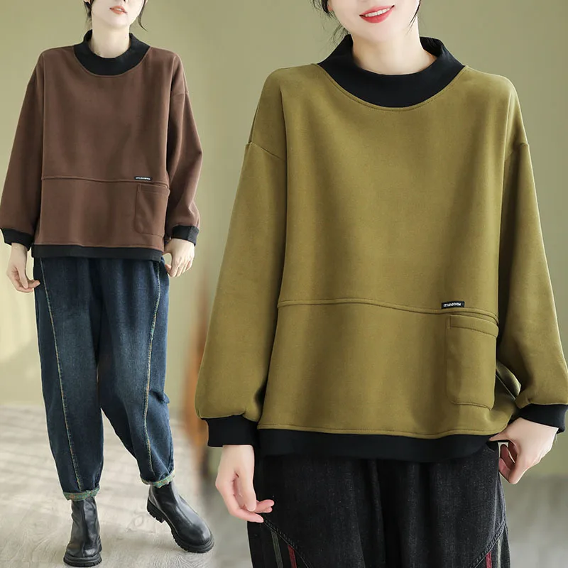 เสื้อฮู้ดคอสูงสไตล์เรโทรสำหรับผู้หญิง ฤดูหนาว รุ่นใหม่ ทรงหลวม ช่วยพรางหุ่น สวมใส่สบาย เสื้อแขนยาวผ้าคอตตอนผสมโพลีเอสเตอร์